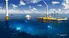 Illustrasjonen viser hvordan en marin næringspark kan inneholde flytende havvind for energiproduksjon, fiskebåter som trenger strøm, oljeproduksjon og kan hende oppdrettsanlegg. Mye ulik produksjon kan samlokaliseres og dra veksel på hverandre.