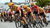 For første gang sykler et norsk herrelag Tour de France: Uno-X Pro Cycling Team. Her ser vi fra venstre rytterne Anders Halland Johannessen, Martin Urianstad Bugge, Rasmus Tiller og Tobias Halland Johannessen i etappe tre av Tour of Norway 29. mai. Rasmus og Tobias sykler Tour de France.