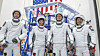 Fra venstre Thomas Pesquet, pilot Megan McArthur og Shane Kimbrough fra NASA, samt japanske Akihiko Hoshide reiser ut i verdensrommet neste torsdag.