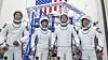 Fra venstre Thomas Pesquet, pilot Megan McArthur og Shane Kimbrough fra NASA, samt japanske Akihiko Hoshide reiser ut i verdensrommet neste torsdag.