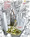 Konseptskisse fra Foster and partners. I rødt står det forklaring til de gule stipledelinjene. Refleks skal treffe ned i avtrykket til hvert av tvillingtårnene. Freedom Towere til venstre.