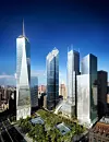Det nye World Trade Center med Freedom Tower til venstre og deretter tårnenen til Lord Norman Foster, Lord Richard Rogers og Fumihiko Maki.