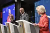 Fra venstre statsminister Kaja Kallas i Estland, som er nominert til å styre utenrikspolitikken i de neste fem årene, avtroppende president i Rådet Charles Michel og Ursula von der Leyen som i dag er president i EU-kommisjonen og som medlemslandene gjerne ser fortsetter i fem år til. Nå skal de to kvinnene gjennom en godkjenningsprosess i Europaparlamentet før de kan ta begynne i sine jobber.