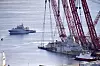 BERGEN, NORGE 20190228.Slepet med vraket av den havarerte fregatten KNM Helge Ingstad har ankommet Hanøytangen.Foto: Ole Martin Wold / NTB scanpix Foto: Wold, Ole Martin