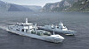 Illustrasjon av det kommende logistikkfartøyet KNM Maud sammen med en fregatt i Fridtjof Nansen-klassen og et NH90-helikopter.