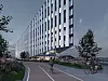 Fasadene skal kles med mørke og lysegrå alukassetter med matchende vindusprofiler og screens. Illustrasjon: A-lab