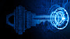 Cyber security concept; a key formed from binary code goes into an abstract lock.