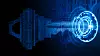 Cyber security concept; a key formed from binary code goes into an abstract lock.