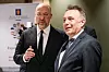 Ukrainas forsvarsminister Denys Sjmyhal (f.v.) og forsvarsminister Tore O. Sandvik (Ap) undertegnet nylig intensjonsavtalen om droneproduksjon i Norge. Her er de to på forsvarsministermøtet i Joint Expeditionary Force (JEF) i Bodø i starten av november. Foto: Fredrik Varfjell/NTB