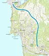 Kart over trasén for Slettebrekka-Hetlevik. Den korte tunnelen kommer i nordre ende av strekningen. Illustrasjon: Vestland fylkeskommune