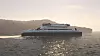 The Norwegian Ship Design Company AS har designet de to nye hydrogenfergene til Torghatten Nord. Brenselcellesystemet og tanker er plassert mellom de to styrehusene. Illustrasjon: The Norwegian Ship Design Company AS