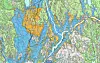 Utsnitt av NGUs løsmassekart over deler av Romerike. Det oransje feltet er Gardermoterrassen, mest sand og grus. De blå områdene er marine avsetninger, oftest leire, men kan også være grovere masser som er lagdelt med leire. Foto: NGU
