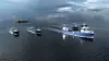 Fôrfartøyet Eidsvaag Pioner i teten med fire autonome småfartøyer. Dette ligger litt lengre fram i tid-. Først skal Eidsvaag Pioner installere autonomiutstyr i EU-prosjektet Autoship. Illustrasjon: Kongsberg Maritime