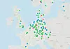 Dette kartet viser hydrogenstasjoner i drift og under planlegging/bygging i Europa. Røde er ute av drift. Skjermbilde: H2.live