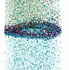 Nei, dette er ikke moderne kunst. Det er atomene i en plateformet nanocellulose-krystall, fotografert og målt med en atomsondetomograf. Oksygen er blått og karbon er brunt. Krystallen beskyttes mellom to ulike metallplater.