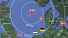Avstander fra Sørlige Nordsjø II og ut til Nord-Europa. Flaggene illustrerer omtrentlig beliggenheten til landenes havvindinstallasjoner.
