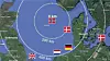 Avstander fra Sørlige Nordsjø II og ut til Nord-Europa. Flaggene illustrerer omtrentlig beliggenheten til landenes havvindinstallasjoner.