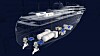 Havyard har jobbet med nullutslippsteknologi for skip med hydrogen og brenselcelle i flere år, blant annet i forbindelse med Kystruteskipene. Her sees framdriftssystem for et skip av kystrutestørrelse med LNG-motorer/tanker, azipull-propeller og H2-tank og brenselceller på ett av de øverste dekkene.