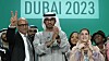 Så fornøyd var de ved avslutningen av klimakonferansen COP28, FNs klimasjef Simon Stiell, COP28-president Sultan al-Jaber og De forente arabiske emiraters sjefforhandler Hana Al-Hashimi.