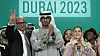 Så fornøyd var de ved avslutningen av klimakonferansen COP28, FNs klimasjef Simon Stiell, COP28-president Sultan al-Jaber og De forente arabiske emiraters sjefforhandler Hana Al-Hashimi.