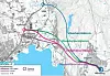 De fire aktuelle korridorene som er utredet for strekningen fram til E18 i Lier. Illustrasjon: Statens vegvesen