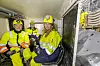 Klar til avgang på minitoget inn til tunnelboremaskinen. Fv. byggeleder Ole Petter Nilsen, sikkerhetsrådgiver Cato Stoltenberg og prosjektleder Fredrikke Syversen, alle i Oslo kommune. Foto: Arash A. Nejad