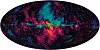 Her vises den spesielle strålingen som blir dannet når partikler fra supernova-eksplosjoner snurrer i galaksens magnetfelt. Disse signalene må også filtreres bort for å se den kosmiske bakgrunnsstrålingen.