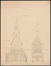 Tverrsnitt og lengdesnitt av Hopperstad stavkirke tegning/akvarell av P.A. Blix ca 1880-90.