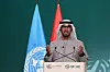 Cop 28-president Sultan al-Jaber taler under plenumsmøtet i Dubai onsdag.