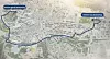 Dette er strekningen i Kiruna hvor kirken skal flyttes i en hastighet på 0,5 km/t. Flyttingen skal starte 08:00 tirsdag og holde på til cirka 17:30. Onsdag fortsetter det fra 08:00, og det antas at kirken vil ankomme sin nye posisjon en gang mellom klokken 15 og 17. Tegning: LKAB