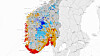 Slik ser grunnvannstanden i Sør-Norge ut torsdag 28. april. Nivåene er særdeles lave langs hele kysten, og i dalene på Østlandet.