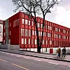 Sofienberg skole i Oslo skal få røde solcellevegger. Illustrasjon: Undervisningsbygg