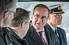 Tysklands forsvarsminister Boris Pristorius i samtale med forsvarsminister Bjørn Arild Gram. Til høyre sjef for den tyske marinen viseadmiral Jan Christian Kaack. Foto: Marius Valle