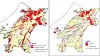 : Til høyre ser du nåværende aktsomhetskart for Trøndelag. Til venstre er det supplert med flere nye data, blant annet uranmålinger fra lufta og geokjemiske analyser av steinprøver. Grå områder viser ukjent risiko, men med nåværende datagrunnlag er de fleste av disse områdene kartlagt. Kilde: NGU