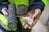 Grunnen til at CO2-gassen blir mineralisert så raskt som på to år, er bergarten basalt (i midten). Til venstre en prøve hvor CO2 er blandet inn i basalt og til høyre kalsiumkarbonat(kalsitt). Foto: Tormod Haugstad