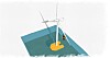 Slik kan en vinkraftlekter se ut. Windbarge forbindes til havbunnen med kun en line og ligger på savi. Den kan skaleres opp til å bære 15 MW turbiner. Arbeidsbåt med vedlikeholdspersonell kan dokke under rolige forhold akter.