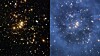 En samling galakser sett via romteleskop. Den blå skyggen på høyre bilde indikerer mørk materie. Mengde og plassering er beregnet basert på gravitasjonslinseeffekten.