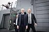 Statsminister Jonas Gahr Støre, finansminister Trygve Slagsvold Vedum og forsvarsminister Bjørn Arild Gram på KV Bjørnøya under fredagens fremlegging av Forsvarets langtidsplan.