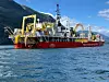 Arbeidet med å legge kabelen ut fra Hylsfjorden startet forrige uke. Her er Nexans kabelleggingsfartøy Skagerrak i Hylsfjorden. Foto: Statnett