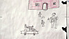 Et barns tegning utstilt på rehabiliteringssenteret for barn, Yemen Project center, i Marib, Jemen.