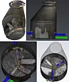 3D-Kum illustrert med ulike snitt og visualiseringer, inkl. vektoriserte rørdimensjoner, kumvegger og annen oppbygging.