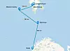 Kartet viser avstander i nautiske mil mellom hovedredningssentralen i Bodø og ut til Bjørnøya, det havarerte cruiseskipet «Maksim Gorkiy» og Barentsburg og Longyearbyen på Svalbard. Illustrasjon: Adrian Broch Jensen