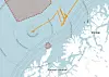 Bevegelsene til «Jantar» de siste dagene (oransje strek). Nedslagsfeltet til Andøya er markert lenger nord. Foto: Faksimile: NAIS Kystverket
