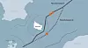 Åstedene for eksplosjonene ved Nord Stream 1 og 2 er markert i rødt. Territorialgrensene i området er markert med blå, stiplet linje. Illustrasjon: Nanna Skytte/Ingeniøren