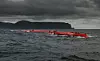 Ser ut som lange buktende slanger: En av tre bølgedempende såkalte Pelamismaskiner I Aguçadoura Wave Park utenfor Portugal.