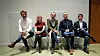 Påtroppende byråd i Oslo (f.v.): Eirik Lae Solberg (H) , Anne Lindboe (H), Hallstein Bjercke (V), Øyvind Håbrekke (KrF) og Magnus Birkelund (Frp) under pressetreff på Oslo rådhus tirsdag.