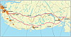 Oversiktskart som viser dagens jernbane (grå), E39 (gul), Jærlinja (rosa) og indre linje (lilla).