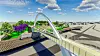 Modell av Avalon Pedestrian Bridge and Promenade Gateway-prosjektet i Los Angeles. Skanska signerte kontrakten om å bygge brua i mars i år. Foto: Skanska