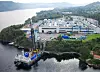 Flyfoto av Bergen Engines på Hordviknestet., Anlegget består av hovedkontorer, støperi, fabrikk og kaianlegg. Foto: Bergen Engines