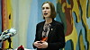 Næringsminister Iselin Nybø (V) på pressekonferanse om tiltakspakken for luftfarten som ble holdt i Vandrehallen i Stortinget torsdag kveld.